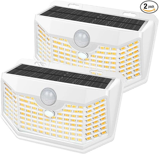 HMCITY 120 LED Solar Lights Outdoor with Motion Sensor and 3 Lighting Modes, IP65 Waterproof Wide Solar Wall Lights Ideal for Garden Patio Yard (Front Button 2Packs, White Shell-Warm White)
