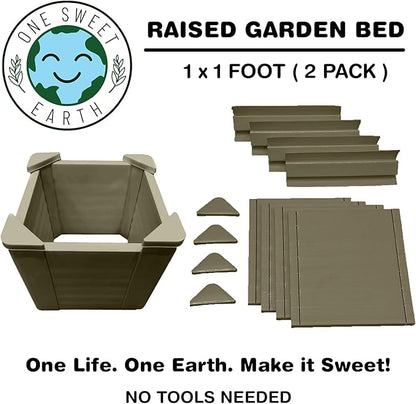 Raised Garden Bed - 1x1 ft Planter Box - Weathered Wood HDPE - No Tools Needed - DIY Kit for Urban Gardening, Flowers, Herbs & Vegetables - Made in The USA - 2 Pack