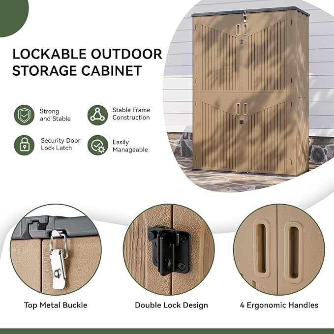 Aoxun Outdoor Storage Shed with Floor, 64 Cu.Ft Large Outdoor Storage Cabinet, Waterproof Vertical Resin Shed for Garden Tools, Pool Equipment, Brown