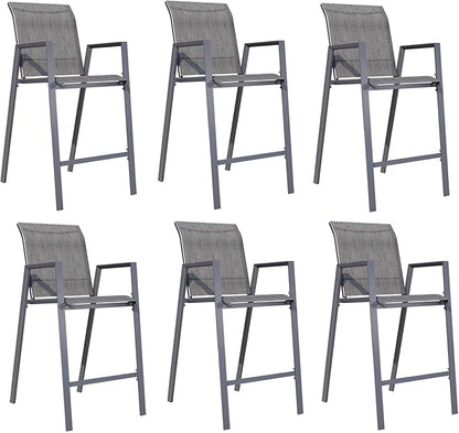 Outdoor Bar Stools Set of 6, 44'' Patio Bar Chairs with Textile High Back, Bar Height Chairs with Straight Armrest and Footrest, Grey