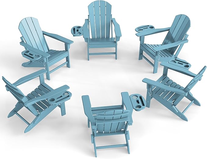 Adirondack Chair Set of 6, HDPE Folding Adirondack Chair with Multifunctional Cup Holder, Weather Resistant Fire Pit Chair for porches, patios, poolsides, Decks.