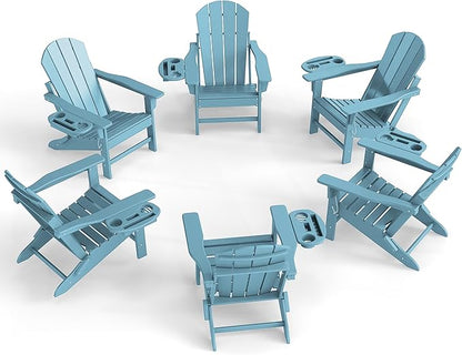 Adirondack Chair Set of 6, HDPE Folding Adirondack Chair with Multifunctional Cup Holder, Weather Resistant Fire Pit Chair for porches, patios, poolsides, Decks.