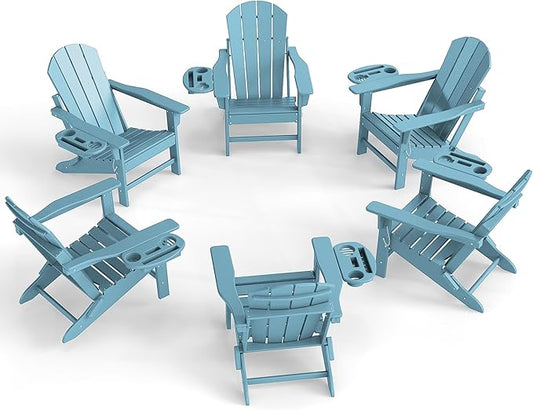 Adirondack Chair Set of 6, HDPE Folding Adirondack Chair with Multifunctional Cup Holder, Weather Resistant Fire Pit Chair for porches, patios, poolsides, Decks.