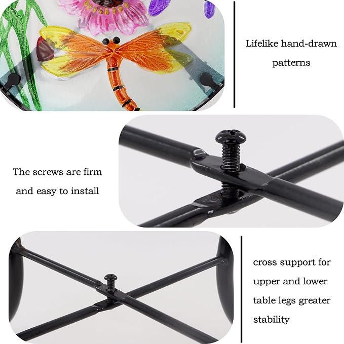 Dragonfly Patio Side Table, Small Patio Outdoor Side Table, Plant Table,Metal Glass End Table for Porch Garden Yard Pool.