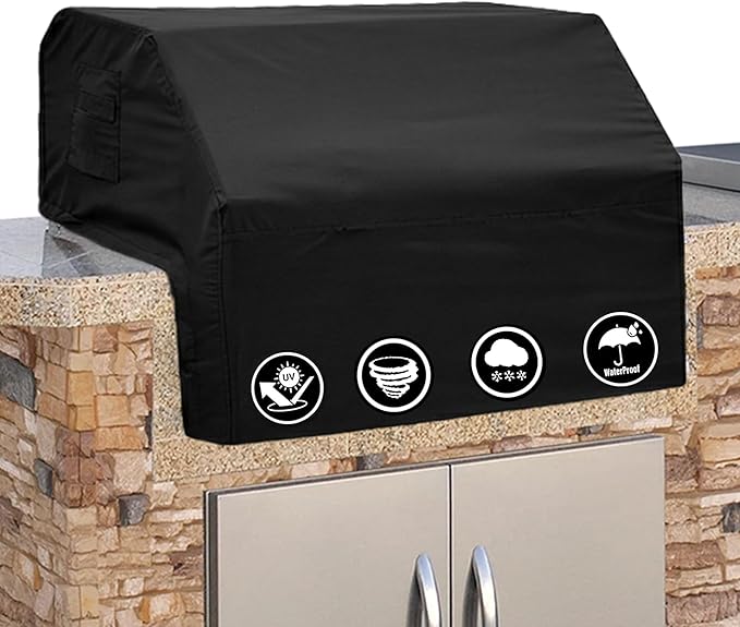 Covers & All Built-in Grill Cover for Outdoor Grill – Heavy Duty 12 oz Waterproof Built-in BBQ Grill Cover, PVC-Coated Polyester with Elastic Hem for Snug Fit (42 x 28 x 14 inches, Black)