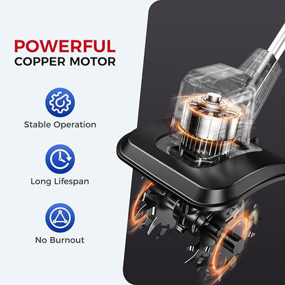 Upgraded Cordless Electric Tiller for Gardening, Total 8.0Ah Battery Powered Mini Cultivator with 2×4.0AH Batteries, 9" Width, 6.6" Depth, 48 Steel Tines Rototiller for Soil Cultivation