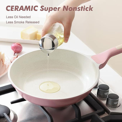 SENSARTE Nonstick Ceramic Frying Pan with Lid 8 Inch Small Omelette Pan Skillet, Free of Intentionally Added PFAS/PTFE Non-toxic Chef's Pan Induction Compatible Pan, Heat Resistant Handle, Sakura Pink