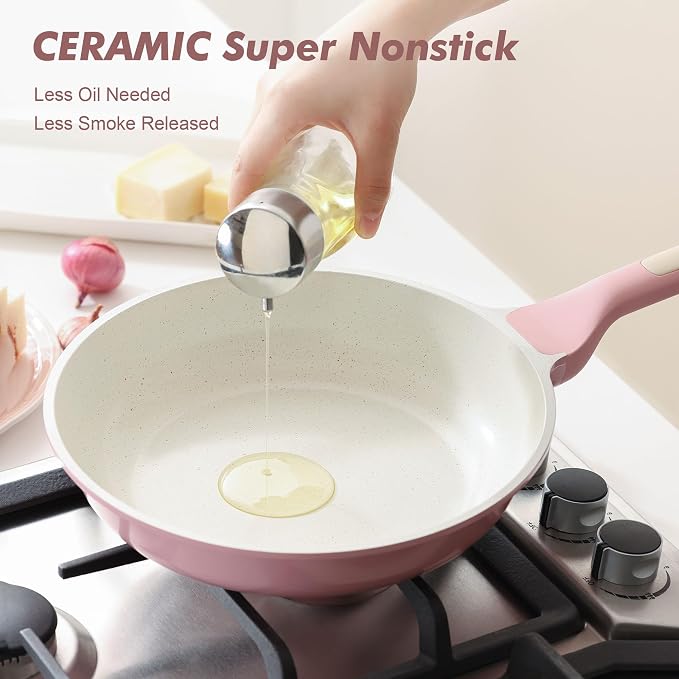 SENSARTE Nonstick Ceramic Frying Pan with Lid 11 Inch Omelet Pan Skillet, Free of Intentionally Added PFAS/PTFE Non-toxic Chef's Pan Induction Compatible Pan, Heat Resistant Handle, Sakura Pink