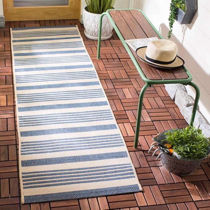 SAFAVIEH Washable Rug Outdoor Courtyard Collection - 2'3" x 14' Runner, Beige & Blue, Non-Shedding & Easy Cleaning, Ideal for Patio, Entryway, Mudroom, Hallway, Kitchen (CY6062-233)