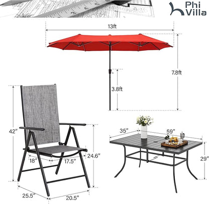 PHI VILLA 7 Piece Outdoor Dining Set with Umbrella, Patio Dining Set with Outdoor Table and Chairs Set, Ajustable Grey Folding Patio Chairs (No Assemble)
