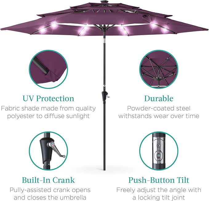 Best Choice Products 10ft 3-Tier Solar Patio Umbrella, Outdoor Market Sun Shade for Backyard, Deck, Poolside w/ 24 LED Lights, Tilt Adjustment, Easy Crank, 8 Ribs - Amethyst Purple