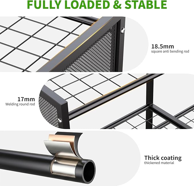 HOTEAGLE Garden Tool Organizer for Garage with 35.4” Width(High Stability), Outdoor Metal Utility Rolling Carts with Mute Wheels & 18.5mm Thick Rods, Easy to Clean, Black