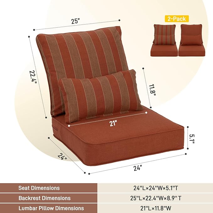 Aoodor Outdoor Chair Cushion, 24 x 24 Inch Water-Resistant, Fade-Resistant Olefin Fabric Patio Seat Cushions with Removable Cover and Adjustable Straps for Outdoor Furniture, Set of 2, Red Stripes