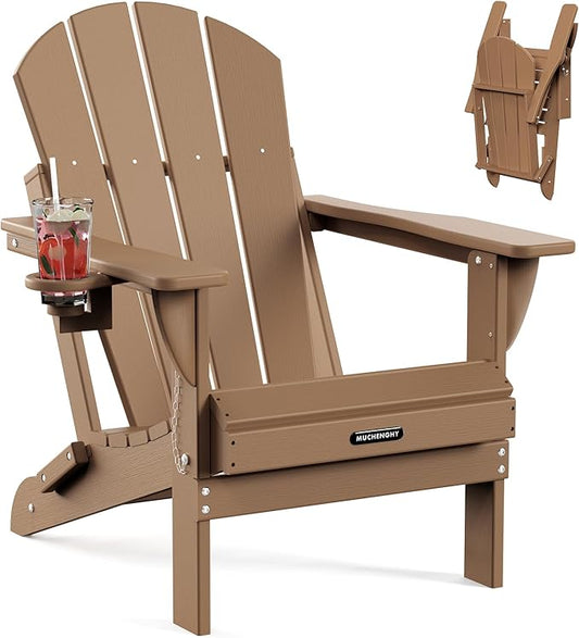 MUCHENGHY Folding Adirondack Chairs, Patio Chairs, Lawn Chairs, Outdoor Chair, Adirondack Chair Plastic, Fire Pit Chairs, Weather Resistant with Cup Holder for Deck, Backyard, Garden(Teak)