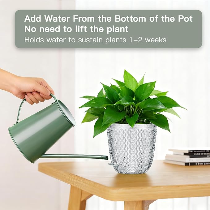 QCQHDU 2 Pack Self Watering Pots, 5.7 Inch Flower Pots with Drainage Holes and Water Filling Port, Plastic Garden Planter for Indoor Outdoor Plants (Clear)