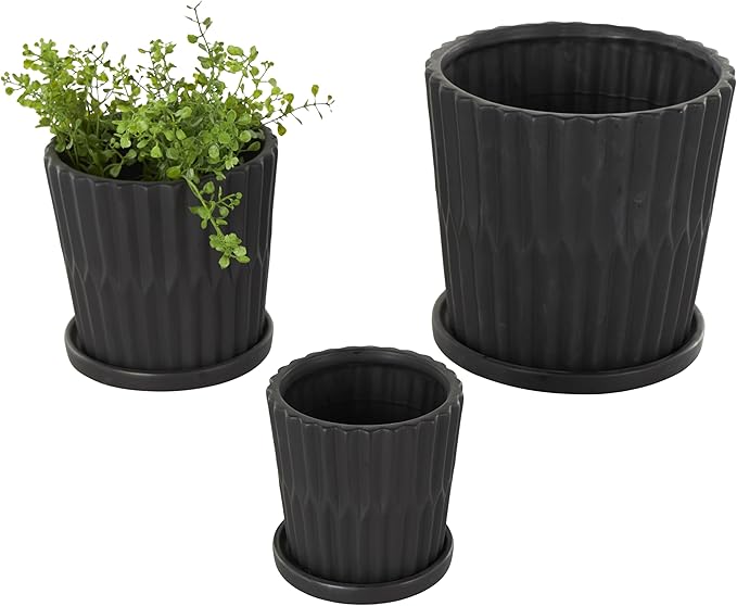 Deco 79 Ceramic Indoor Outdoor Planter Ribbed Large Planter Pot with Attached Saucer, Set of 3 Planters 8",6",5" H, Black