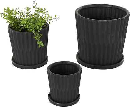 Deco 79 Ceramic Indoor Outdoor Planter Ribbed Large Planter Pot with Attached Saucer, Set of 3 Planters 8",6",5" H, Black