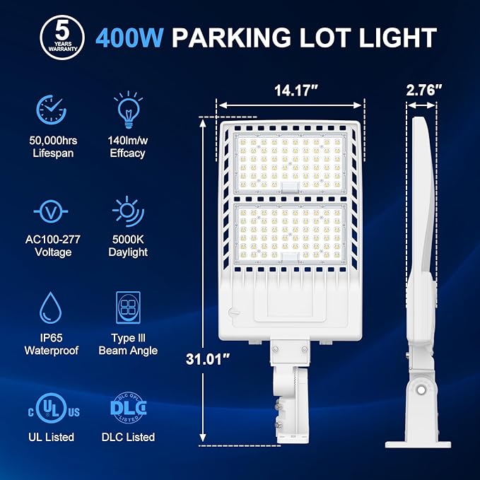 LED Parking Lot Light 400W/320W/240W Adjustable with Photocell & Arm/Slip Fitter, 5000K Shoebox Pole Light, AC100-277V, IP65 Waterproof Commercial Street Area Lighting for Driveway/Roadway/Yard