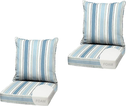 Arden Outdoor Foam Deep Seat Cushion (2-Pack), 22x24, Premium High-Density Foam, Never Flattens, Weather-Proof for Patio Chair Sofa Couch, French Blue Linen Stripe