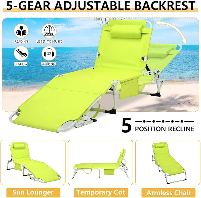 HRVEOCEI 3-in-1 Sun Tanning Chair with Face Hole,Adjustable 5-Position Folding Laying Out Chairs for Tanning,Outdoor Face Down Beach Lounger Sun Bathing Lounge Chair for Pool Deck Patio (Green)