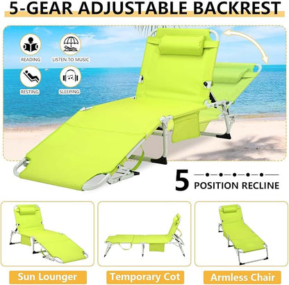HRVEOCEI 3-in-1 Sun Tanning Chair with Face Hole,Adjustable 5-Position Folding Laying Out Chairs for Tanning,Outdoor Face Down Beach Lounger Sun Bathing Lounge Chair for Pool Deck Patio (Green)