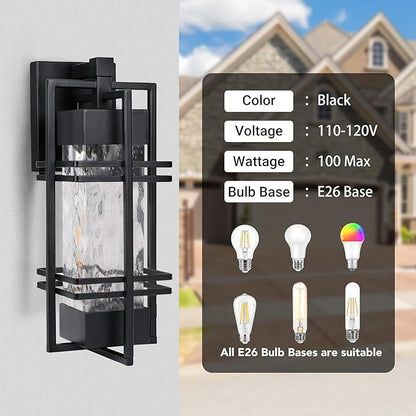 Outdoor Front Porch Light Fixtures Wall Mount, Water Ripple Outdoor Wall Lantern,2 Pack Black Exterior Lighting Fixtures, Waterproof Sconce Lights, Outside Lantern Lamp for Garage(Bulb Included)