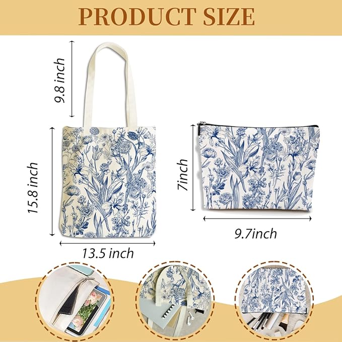 Flower Plant Lover Gifts for Women Canvas Tote Bag with Makeup Bag Cosmetic Bags Grocery Bags for Shopping Christmas