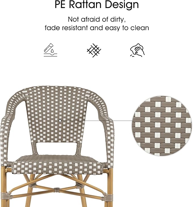 PURPLE LEAF Bistro Chair (Set of 2) French Hand-Woven Wicker Armchairs for Outdoor Patio Porch Garden Indoor, Bamboo Print Finish, Grey, Dining Chairs