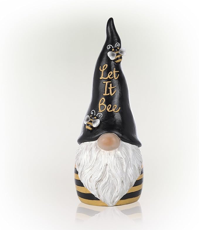 Alpine Corporation 12" H Let It Bee Indoor/Outdoor Garden Gnome Statue, Black/Yellow