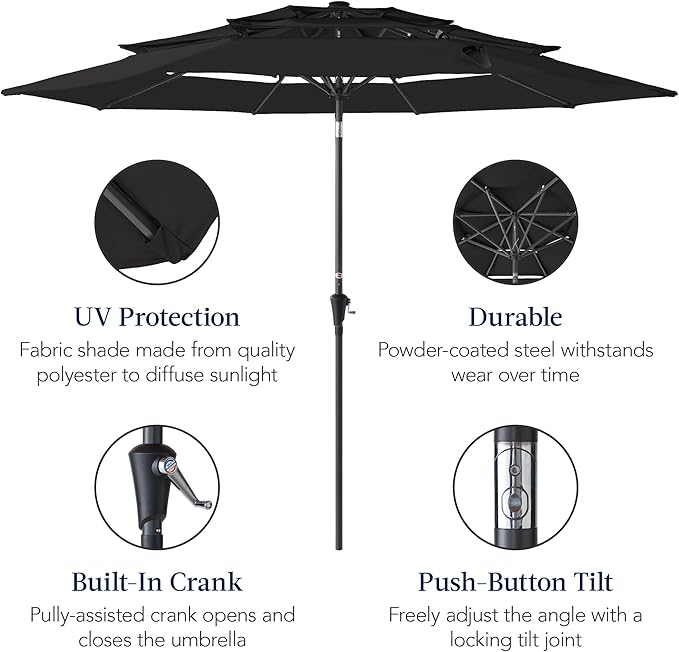 Best Choice Products 10ft 3-Tier Market Patio Umbrella, Outdoor Sun Shade with Tilt, Crank Lift, 8 Ribs for Backyard, Deck, Poolside – Black