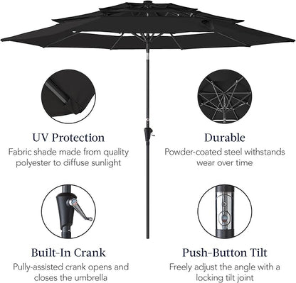 Best Choice Products 10ft 3-Tier Market Patio Umbrella, Outdoor Sun Shade with Tilt, Crank Lift, 8 Ribs for Backyard, Deck, Poolside – Black