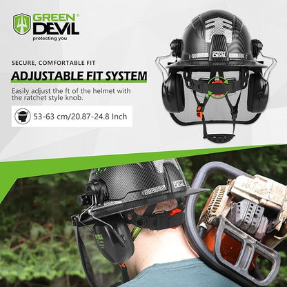 GREEN DEVIL Industrial Chainsaw Helmet with Face Shield Built in Visor and Ear Muffs 4 in 1 System ANSI Z89.1 Safety Hard Hat Adjustable Headgear Ideal for Forestry and Arborist Work Full Brim Style