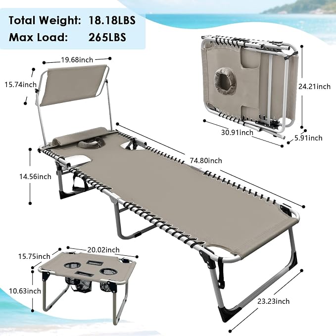 Outdoor Tanning Chair with Sun Canopy Shade & Face Hole, Folding Lounge Chair with Beach Table and Carry Bag for Poolside Sunbathing Lawn