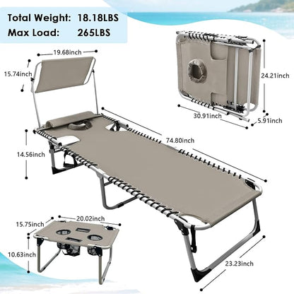 Outdoor Tanning Chair with Sun Canopy Shade & Face Hole, Folding Lounge Chair with Beach Table and Carry Bag for Poolside Sunbathing Lawn