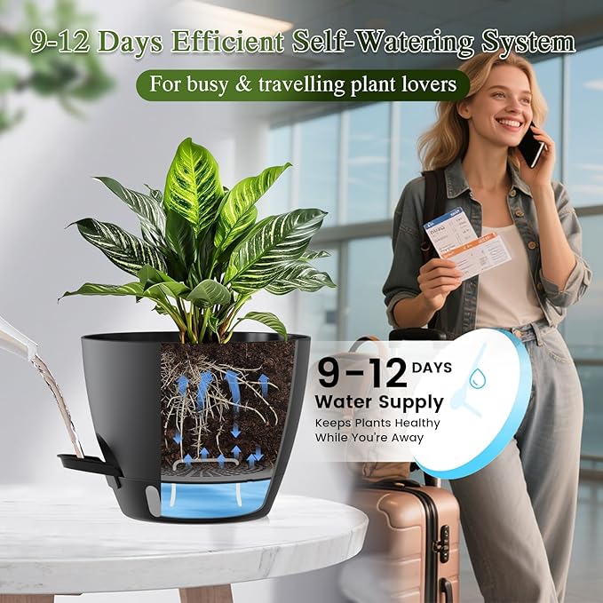 Plant Pots, 1 Pack 12 Inch Self Watering Pots with Drainage Holes, Water Level Indicator Deep Reservoir, Large Planters for Indoor Outdoor Plants - Black