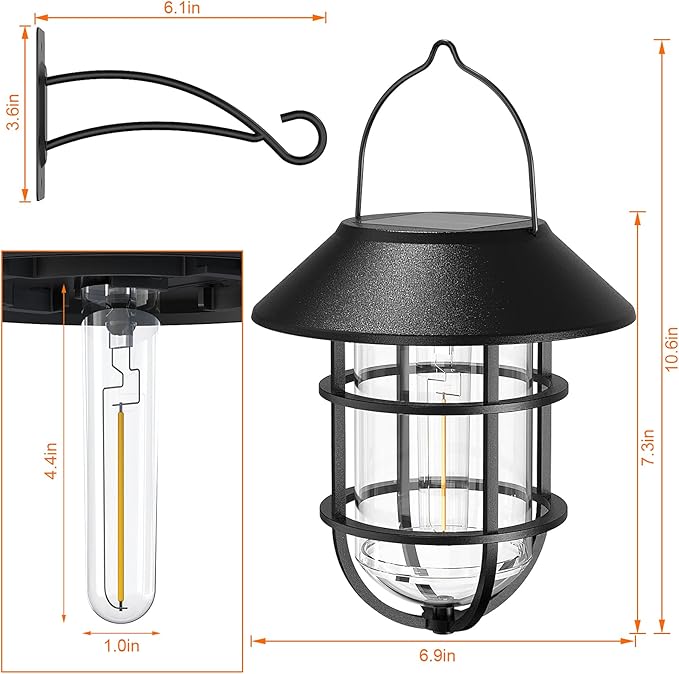 Solar Lantern Hanging Solar Lights Outdoor, Waterproof Metal Wall Lantern with Hooks, Outdoor Wall Lights for Porch, Patio Yard Garden Decor, No Wiring Required, 2 Pack