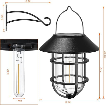 Solar Lantern Hanging Solar Lights Outdoor, Waterproof Metal Wall Lantern with Hooks, Outdoor Wall Lights for Porch, Patio Yard Garden Decor, No Wiring Required, 2 Pack