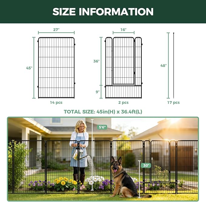 FXW Garden Fence Outdoor for the Yard – 45in(H) x 36.4ft(L) Heavy Duty Metal Animal Barrier for Dog, No Dig Decorative Dog Fence, 16 Panels, Black