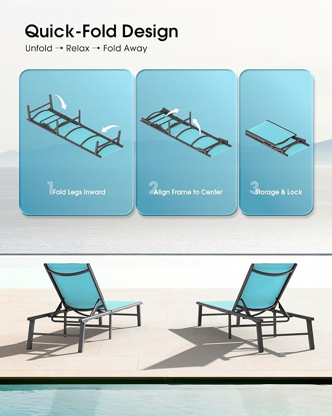Ciokea Foldable Outdoor Lounge Chair Set of 4, No Assembly Aluminum Chaise Lounge Outdoor with 5-Positions, Aluminum Pool Lounge Chairs with Portable Design for Pool, Deck, Beach, Patio (Lake Blue)