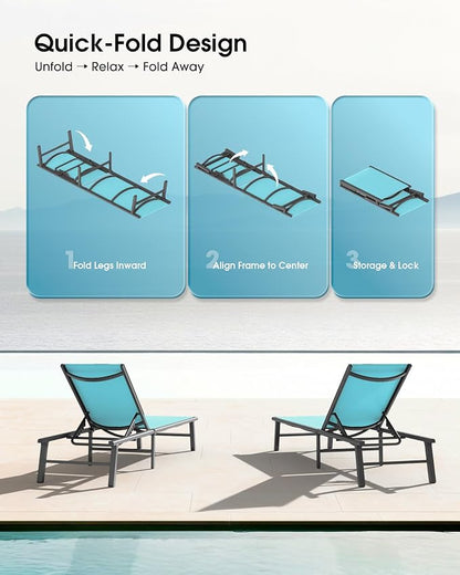 Aluminum Outdoor Lounge Chairs Set of 2- No Assembly Needed, Foldable Patio Chaise Lounge with 5 Adjustable Positions, Reinforced Frame for Extra Durability, Pool Beach Lounge Chairs, Lake Blue