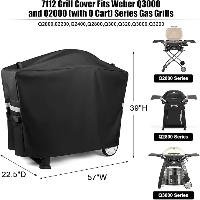 QuliMetal 7112 Grill Cover for Weber Q2000, Q2200, Q2400, Q2000N+, Q2800N+, Q300, Q320, Q3000, Q3200 Gas Grills, Heavy Duty BBQ Gas Grill Cover, 600D