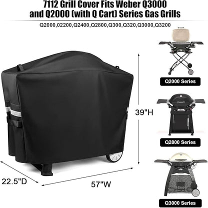 QuliMetal 7112 Grill Cover for Weber Q2000, Q2200, Q2400, Q2000N+, Q2800N+, Q300, Q320, Q3000, Q3200 Gas Grills, Heavy Duty BBQ Gas Grill Cover, 600D
