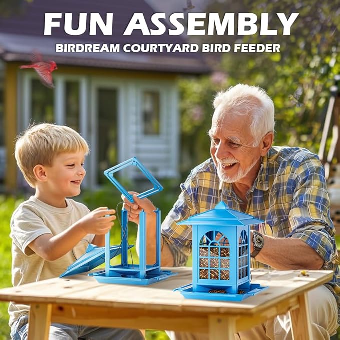 Birdream 2 Pack Bird Feeders for Outdoor Hanging, Assembly Required, 1-Min Easy Setup, Classic Courtyard Design, Attracting Cardinals Chickadees Goldfinches & Sparrows - Blue