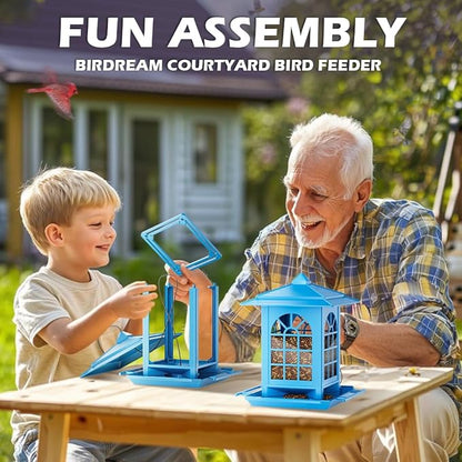 Birdream 2 Pack Bird Feeders for Outdoor Hanging, Assembly Required, 1-Min Easy Setup, Classic Courtyard Design, Attracting Cardinals Chickadees Goldfinches & Sparrows - Blue