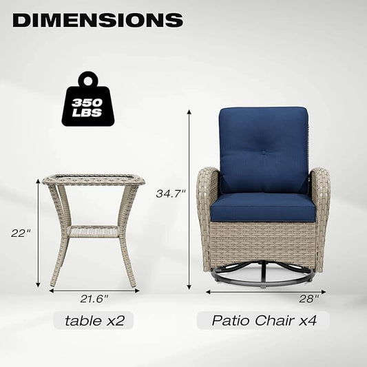 Joyside Outdoor Swivel Rocker Chairs, 6 Piece Wicker Patio Set with Thick Cushion and Side Table, Rattan Patio Swivel Rocking Chairs for Porch, Deck Use (Natural/Blue, 6 PCS)