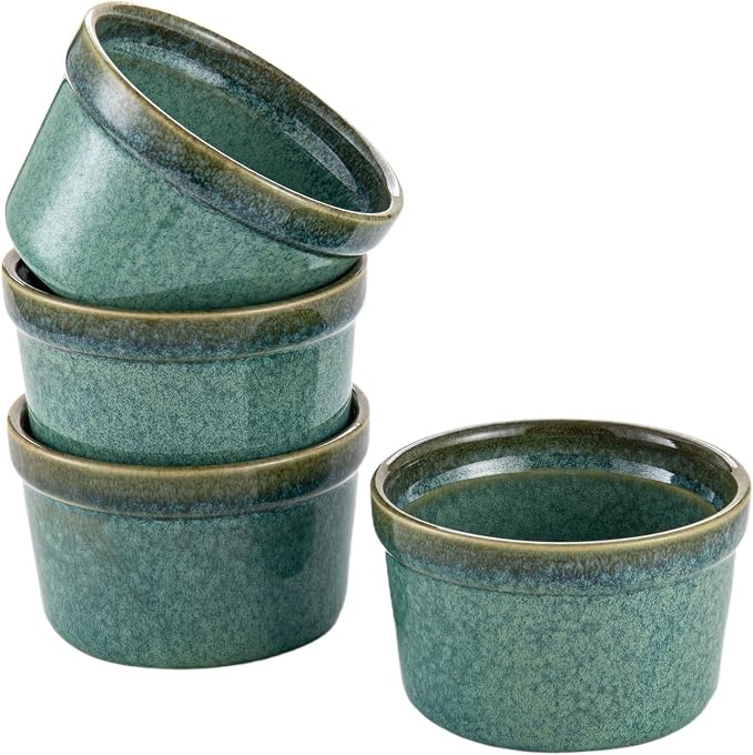 Ramekins 6 oz Oven Safe for Creme Brulee, Souffle Dishes - Ceramic Baking Bowls Set of 4 for Pudding Cups, Custard, Ice Cream, Dips and Appetizers - Moss Green