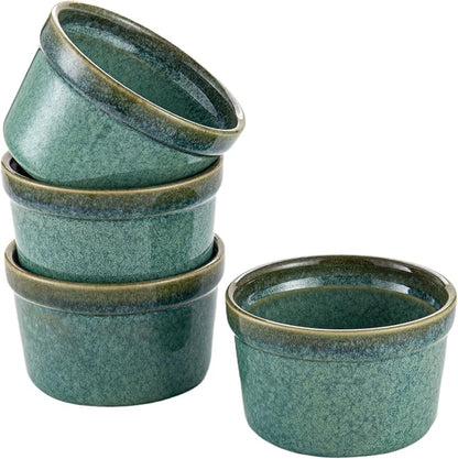 Ramekins 6 oz Oven Safe for Creme Brulee, Souffle Dishes - Ceramic Baking Bowls Set of 4 for Pudding Cups, Custard, Ice Cream, Dips and Appetizers - Moss Green