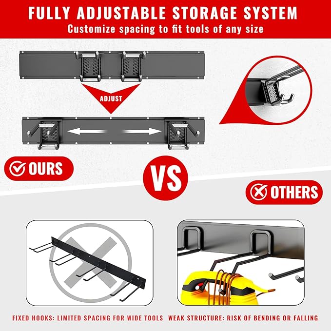 Garage Tool Organizer Wall Mount, Easy to 64inch Install Heavy-Duty Garage Storage System with Adjustable 9 Hooks, Garden Tool Rack for Shovels, Rakes, Yard Tools