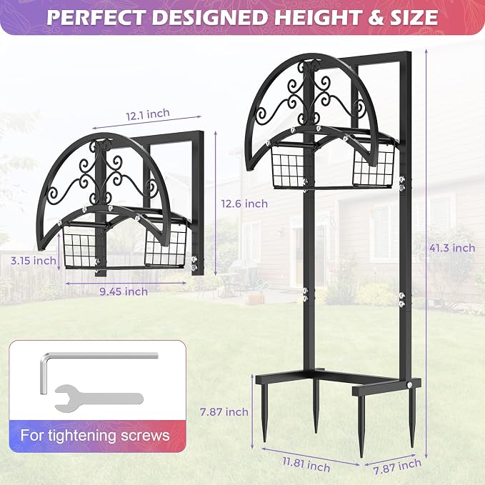OLV Garden Hose Holder, Freestanding Water Hose Holder Stand with Storage Basket Holds 150-ft Pipe, Heavy Duty Outdoor Decorative Metal Hose Storage Hanger Rack for Outside Yard Lawn Farm
