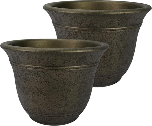 The HC Companies Sierra Round Self-Watering Pot - Lightweight Plastic Planter for Herbs & More - Durable Plant Pots for Indoor Plants & Outdoor Plants (13” Celtic Bronze, Pack of 2)